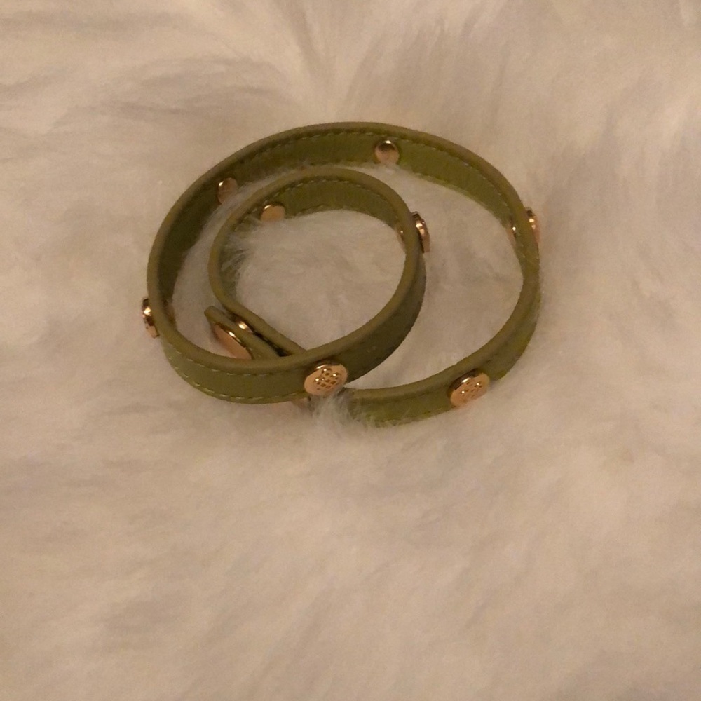 Green and gold leather wrap bracelet